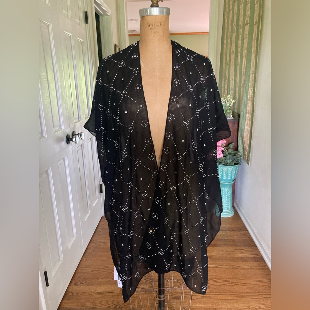 NWT Jessica McClintock Embellished Kimono Coverup  BLACK OS MIRRORS & Silv…